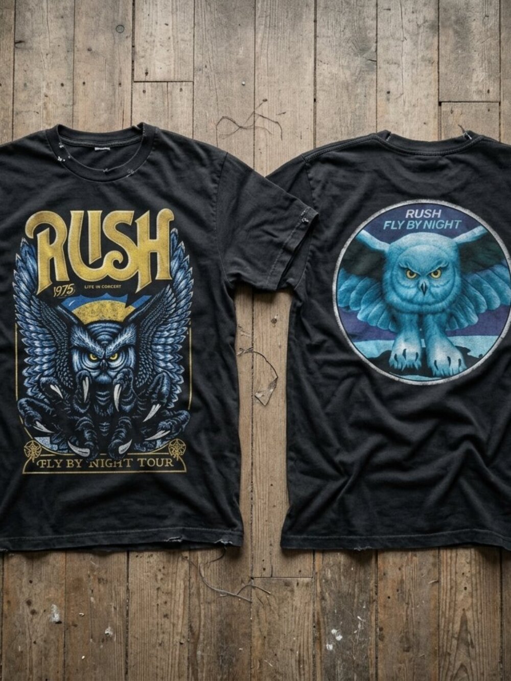 Rush Fly By Night Tour Shirt Vintage Rock Band Owl Graphic Tee 1975